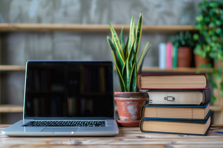A laptop rests on a wooden desk with a stack of textbooks, representing a modern approach to education and learning.の素材