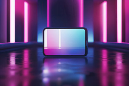A smartphone lies on a glossy surface in a vibrant, modern space illuminated by pink neon lights.の素材