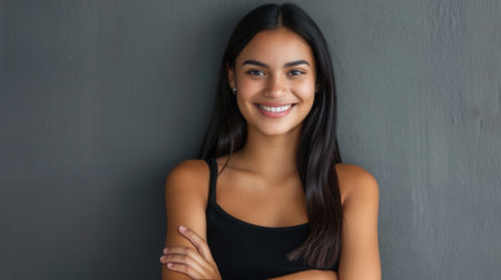 A young Hispanic woman with long black hair smiles warmly at the camera. She is standing against a gray wall, with her arms crossed in front of her.の素材