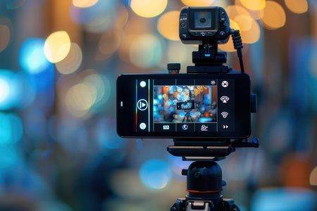 A smartphone mounted on a tripod captures video footage of a vibrant cityscape at night. The bokeh effect from the background lights creates a dynamic and visually appealing scene.の素材