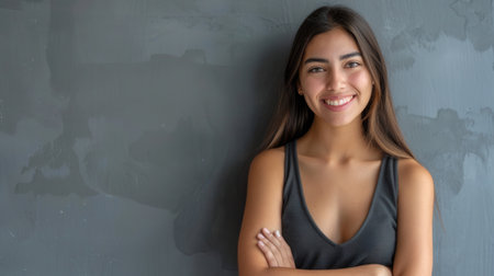 A young Hispanic woman smiles pleasantly while standing with her arms crossed in front of a gray wall.の素材