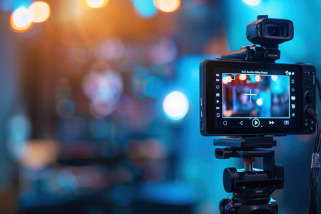 Close-up of a professional video camera recording a live stream, featuring a bokeh background of vibrant lights.の素材