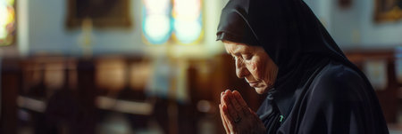 A serene nun in a black habit is captured in prayer inside a church. The image depicts her deep devotion and focus.の素材