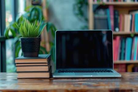A modern learning environment with a laptop computer and textbooks, suggesting an online course or educational platform.の素材