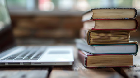 A stack of books and a laptop on a wooden table, signifying modern methods of learning.の素材