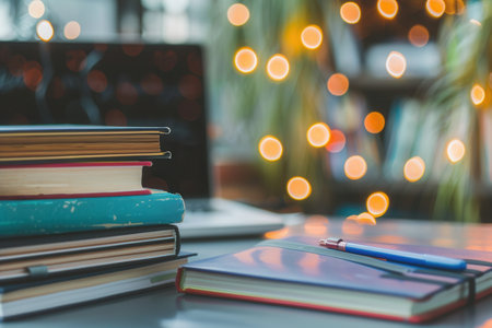 A stack of books next to a laptop, representing contemporary learning methods.の素材