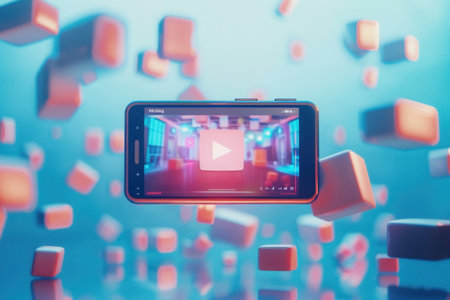 A smartphone floats in a dynamic blue and pink background, its screen displaying a video streaming service.の素材