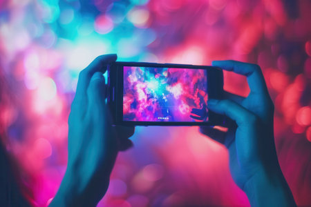 A hand holds a smartphone displaying a vibrant video stream with colorful, blurred background lights.の素材