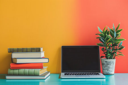 A laptop and a stack of books sit on a teal desk against a bright yellow and orange wall.の素材