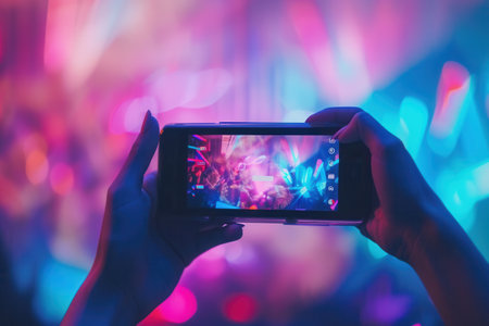 A close-up view of hands holding a smartphone recording a live concert with vibrant stage lights in the background.の素材