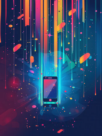 A smartphone with a bright screen displaying video streaming, set against a background of colorful abstract lines and dots.の素材