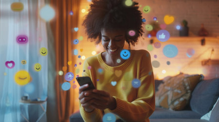 A smiling Black woman uses her smartphone at home, surrounded by 3D digital icons representing social media posts, emojis, and e-commerce shopping.の素材