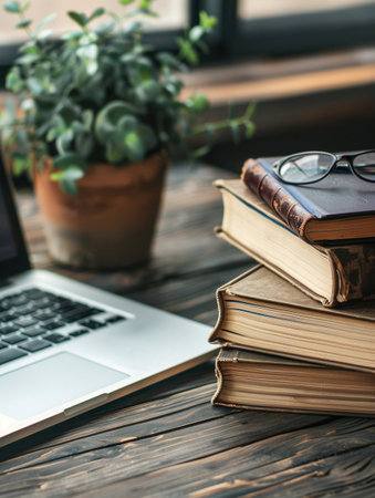 A laptop and textbooks on a wooden desk symbolize modern learning methods, perfect for online courses and educational platforms.の素材
