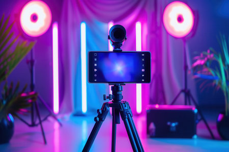 A smartphone is mounted on a tripod in a studio setting, illuminated by vibrant lighting. This setup is perfect for video bloggers and streaming services.の素材