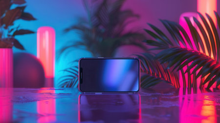 A smartphone with a bright screen showing video streaming content sits on a table in a neon-lit studio.の素材