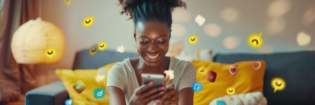A smiling Black woman sits on a couch and uses her smartphone, surrounded by digital icons representing social media interactions and online shopping.の素材
