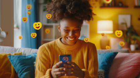 A happy Black woman uses her smartphone at home, surrounded by digital icons representing social media posts, smileys, and online shopping.の素材