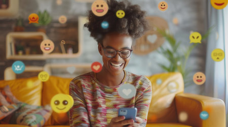 A cheerful Black woman smiles while using a smartphone at home, surrounded by 3D social media icons and emojis.の素材