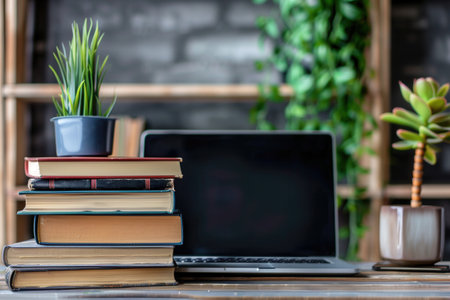 A stack of textbooks sits on a desk next to a closed laptop, symbolizing modern learning methods.の素材