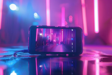 A smartphone captures a vibrant video with pink and blue neon lights in the background.の素材