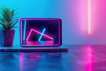 A tablet displaying a dynamic video stream with neon lights, creating a vibrant and modern aesthetic perfect for video bloggers and streaming services.の素材