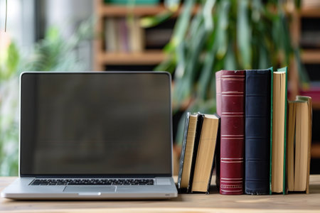 A laptop sits on a desk next to a stack of textbooks, symbolizing the modern methods of learning.の素材
