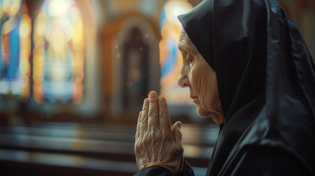 A serene caucasian nun in a black habit deep in prayer inside a church.の素材