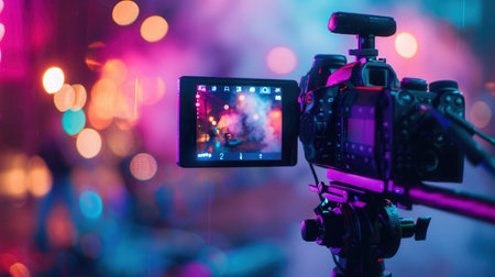A professional camera captures a vibrant live performance under colorful lights.の素材