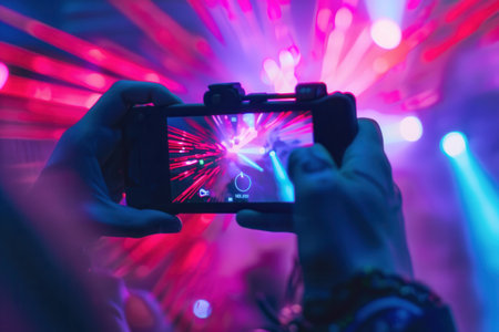 A close-up shot of a persons hands holding a smartphone filming a stage show lit with colorful lights.の素材