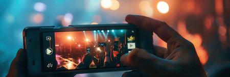 A person holds a smartphone and records a live concert performance, capturing the energy and excitement of the event.の素材