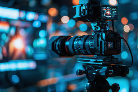 A professional camera set up for recording video content, positioned in front of a vibrant background with blurred lights.の素材