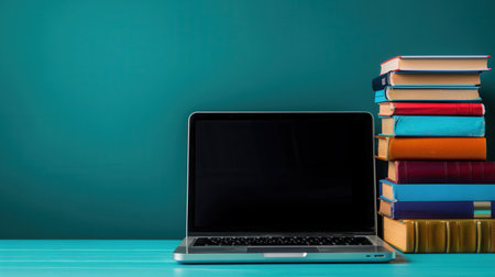 A laptop and a stack of textbooks rest on a teal desk, symbolizing the modern approach to education.の素材