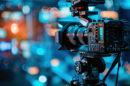 A professional video camera with a long lens is positioned on a tripod, capturing footage of a live stream in a dynamic and vibrant setting.の素材