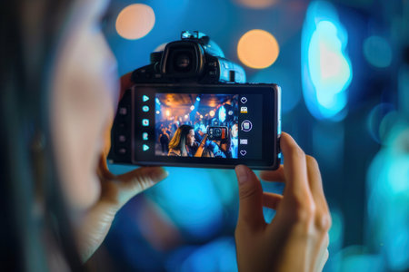 A close-up shot of a persons hands holding a camera, capturing a live music performance on the screen.の素材