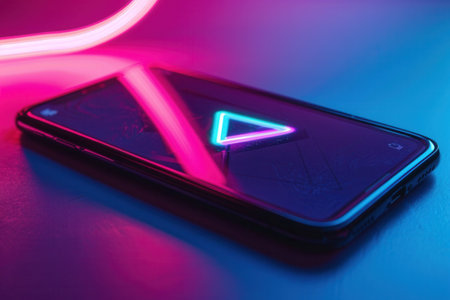 A close-up of a smartphone displaying a vibrant, neon-lit play button, with a blue and pink lighting effect.の素材