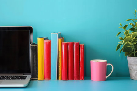A laptop rests on a desk next to a stack of books, symbolizing the modern blend of traditional and digital learning methods.の素材