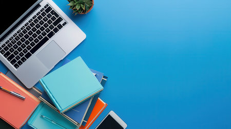 A laptop, books, and a phone sit on a bright blue desk, symbolizing modern learning methods.の素材