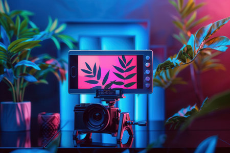 A close-up shot of a camera and monitor displaying a vibrant streaming video in a studio setting with tropical plants.の素材