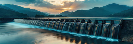 A serene hydroelectric dam generates power as water flows over it in a beautiful natural setting.の素材