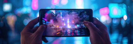 A close-up shot of a hand holding a smartphone displaying a video stream of a dynamic cityscape at night.の素材