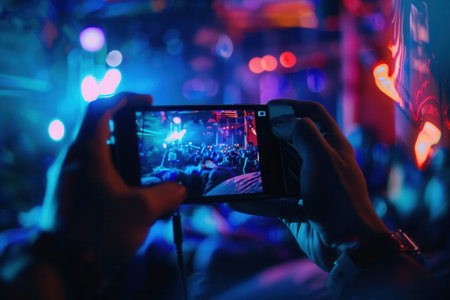 A person captures a live music performance on a smartphone, with a colorful stage and crowd visible on the screen.の素材