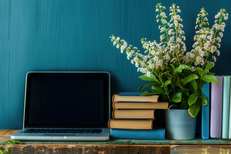 A laptop computer sits on a wooden table next to a stack of textbooks, symbolizing the modern approach to learning.の素材
