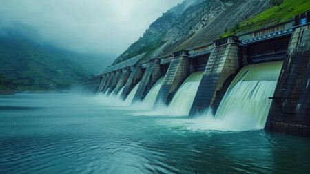 A hydroelectric dam in a serene landscape with water flowing through the gates, generating power.の素材