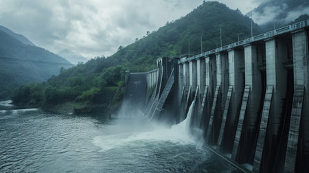 A hydroelectric dam generates power amidst a serene landscape, with water flowing through its gates and mist rising in the air.の素材