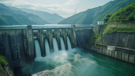 A hydroelectric dam in a mountainous region, with water flowing through the dams gates, generating clean energy.の素材