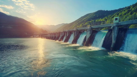 A hydroelectric dam in a mountainous landscape with water flowing over the dam, generating power at sunset.の素材
