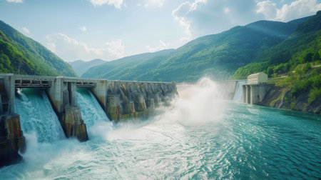 A dam generates power as water flows, forming a mesmerizing waterfall. Surrounding mountains provide a peaceful backdrop.の素材