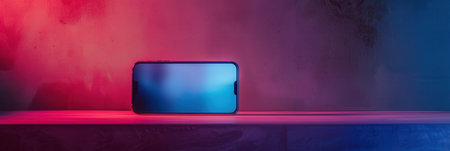 A smartphone with a glowing screen displaying video content on a table. The colorful neon lights in the background add vibrancy.の素材