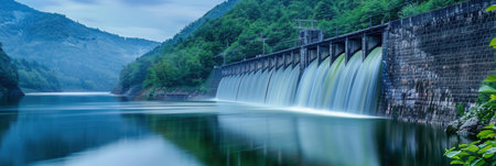 A serene image of a hydroelectric dam generating power in a lush green landscape. Water flows over the dam, creating a cascading waterfall.の素材