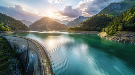 A hydroelectric dam nestled in a scenic mountain valley generates clean energy as water flows through it at sunset.の素材